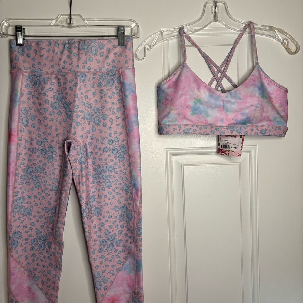 LoveShackFancy Pink Blue Tie-Dye & Floral Sports Bra and Leggings Set